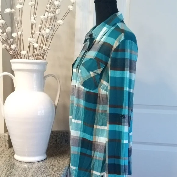 Teal and Black Plaid Women's Button Down Shirt - Picture 2 of 8